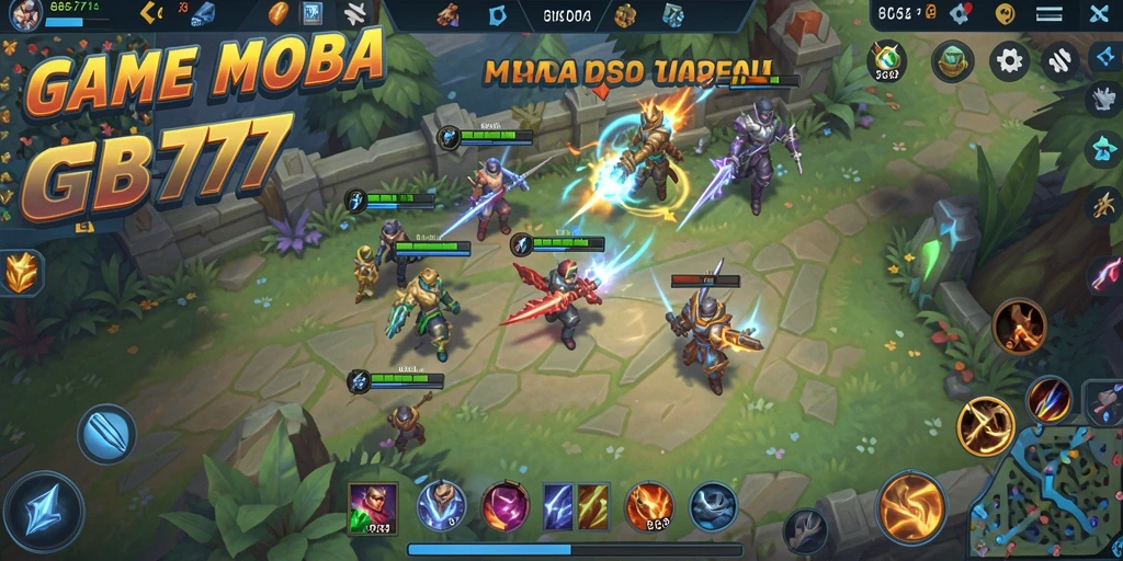 Screenshot utama GB777 menampilkan pertarungan epik dalam game MOBA.