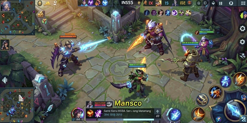 Screenshot gameplay INS55 menunjukkan pertarungan epik antara dua tim.
