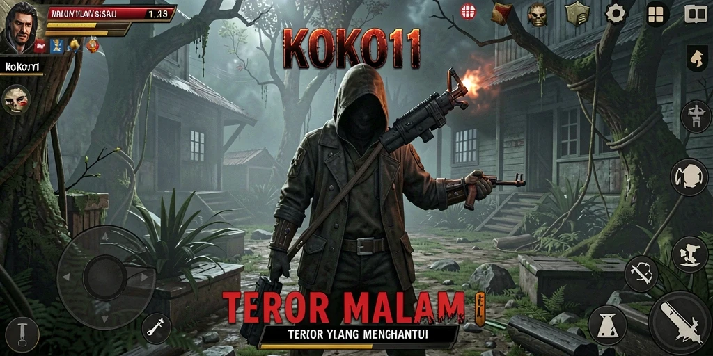 Screenshot gameplay KOKO11 menampilkan momen menegangkan di dalam kegelapan.