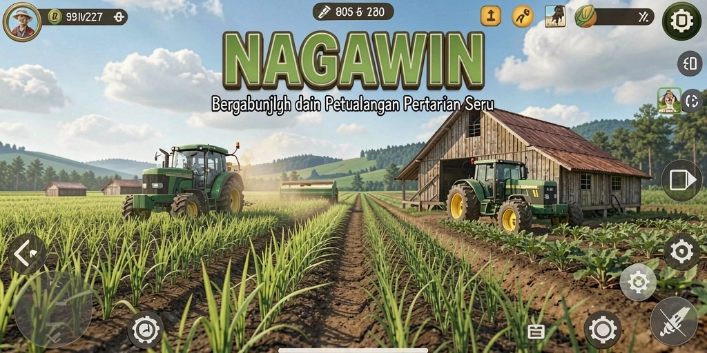 Tampilan gameplay NAGAWIN yang menggambarkan pertanian yang indah dan interaksi menarik.