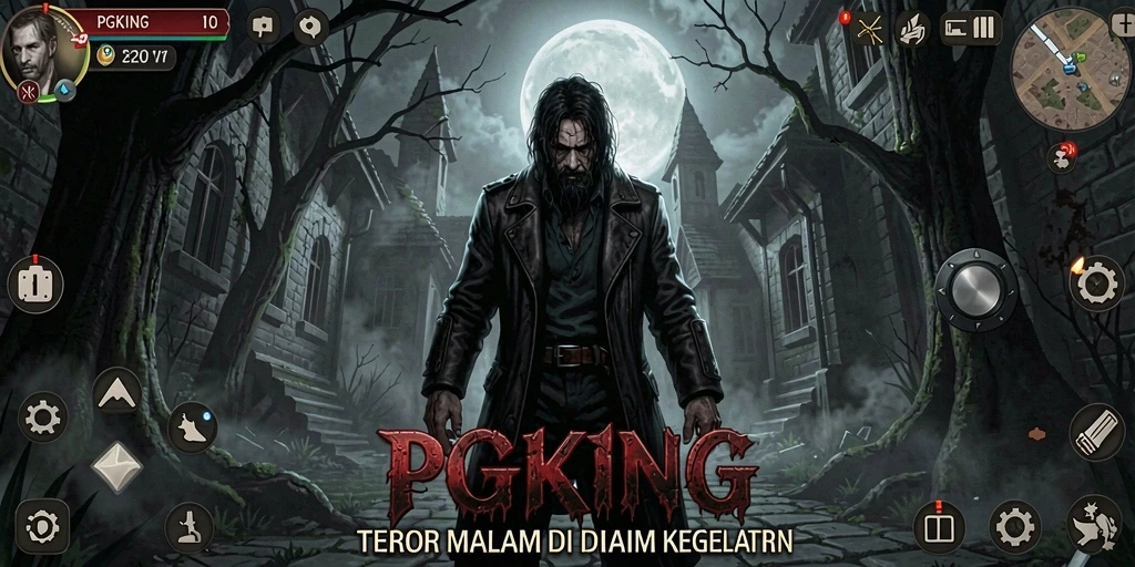 Screenshot utama PGKING menampilkan suasana horor yang mencekam.