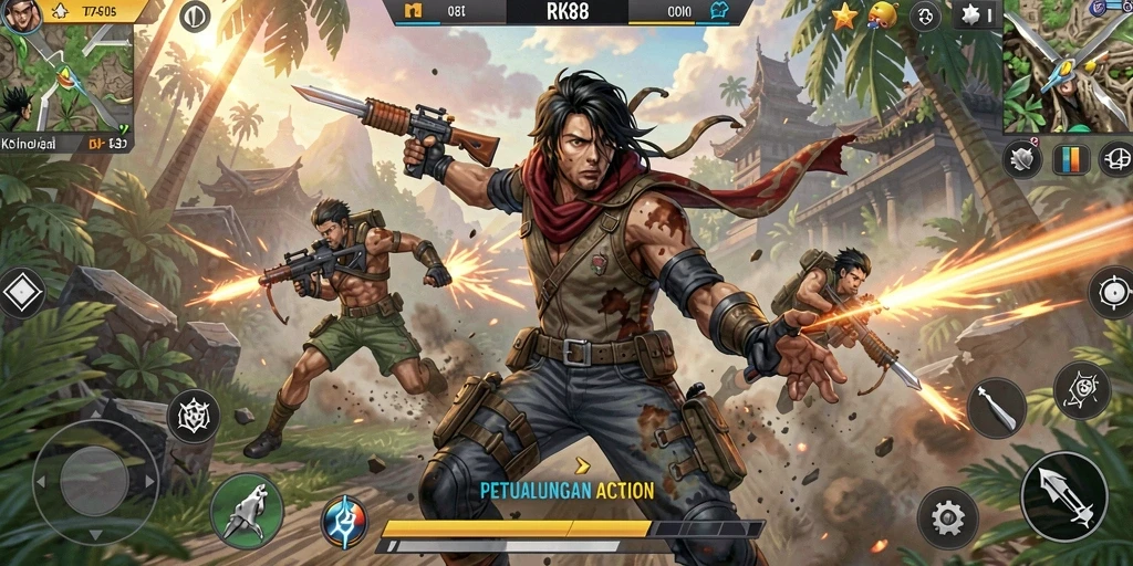 Screenshot utama RK88 memperlihatkan karakter dalam aksi penuh ketegangan.
