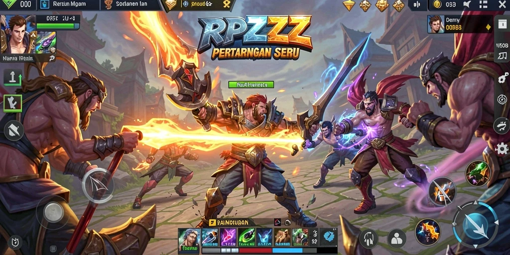 Screenshot gameplay <strong>RPZZZ</strong> menampilkan aksi seru di arena MOBA.