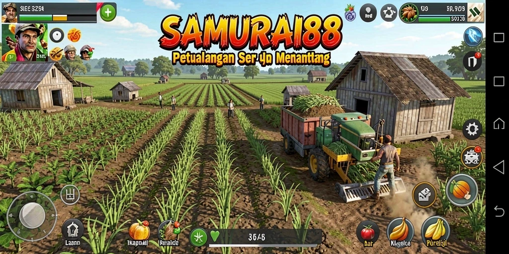 Screenshot utama SAMURAI88 menampilkan aktivitas bertani yang seru.