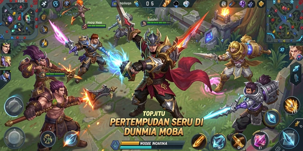 Tampilan gameplay seru dari pertempuran karakter di arena MOBA.